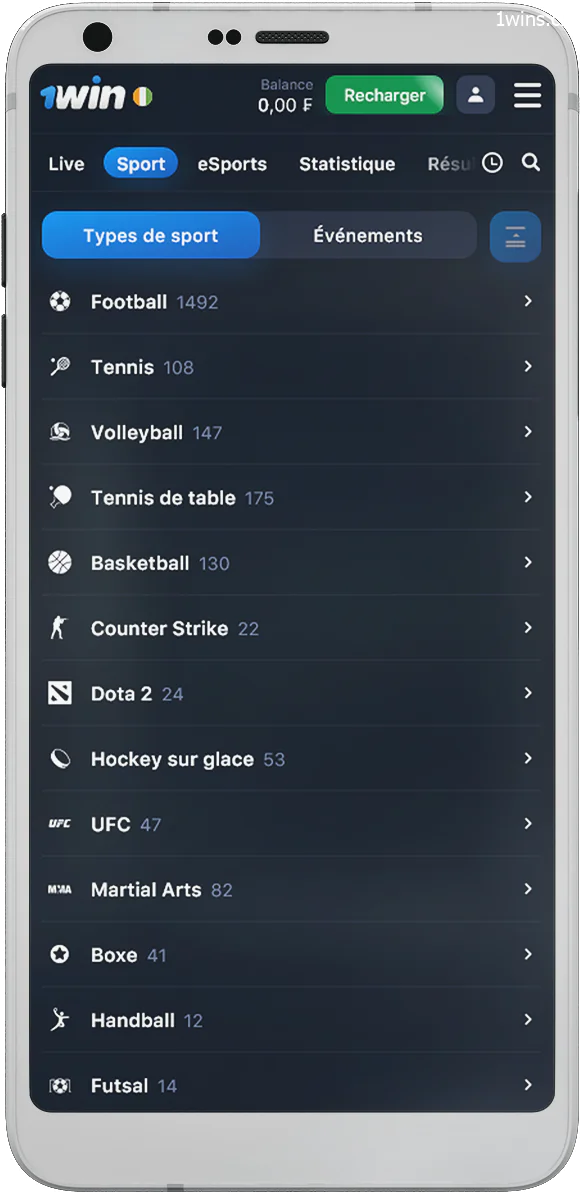 Capture d'écran des sports à parier dans l'application 1Win