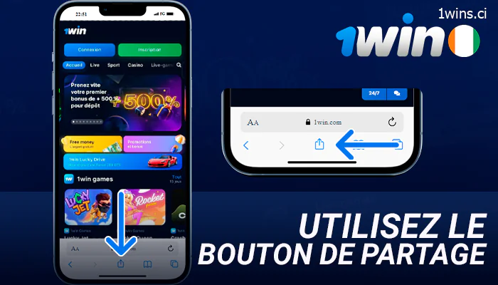 Appuyez sur le bouton de partage de votre appareil iOS pour 1Win